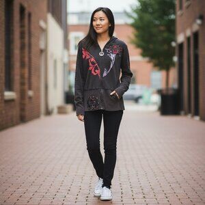 Treasure Rock Womens Size XL Black Rhinestones Full Zip Up Hoodie Jacket